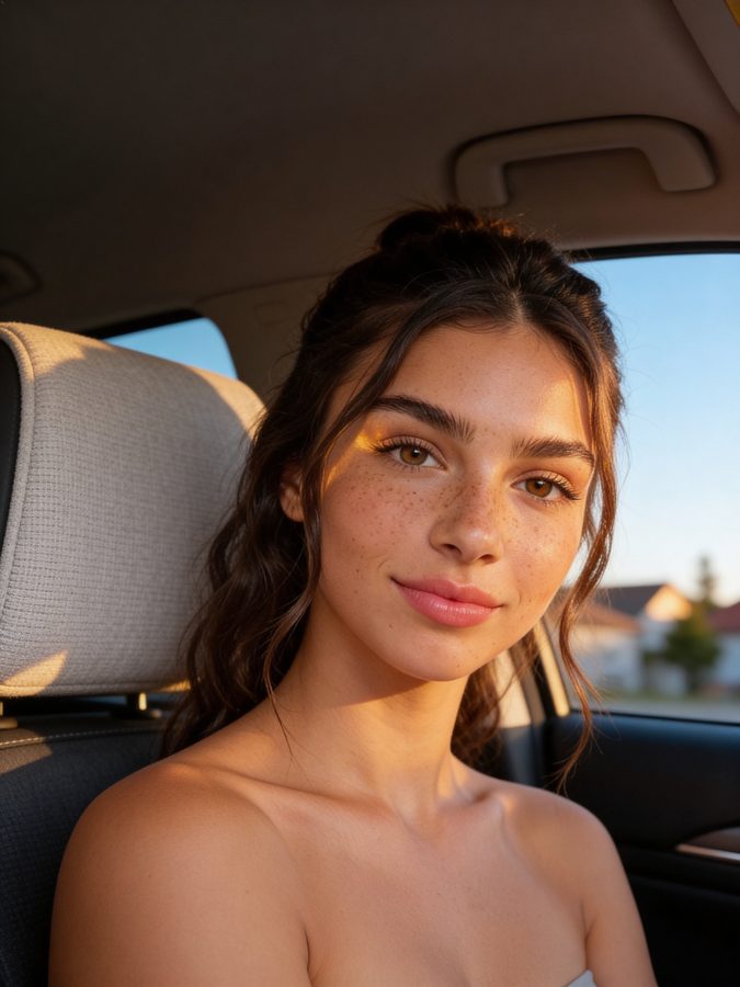Photoreal AI dating-style close-up: clear face, golden-hour light inside a car, eye contact