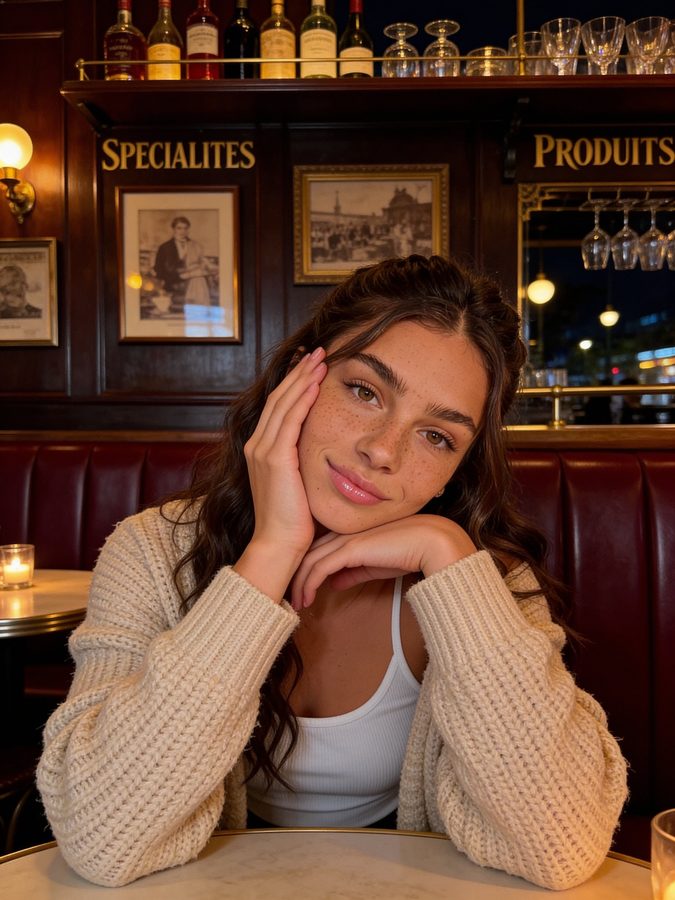 Photoreal AI portrait in a Paris bistro: cream cardigan, red leather banquette, warm lamp light, identity-locked face