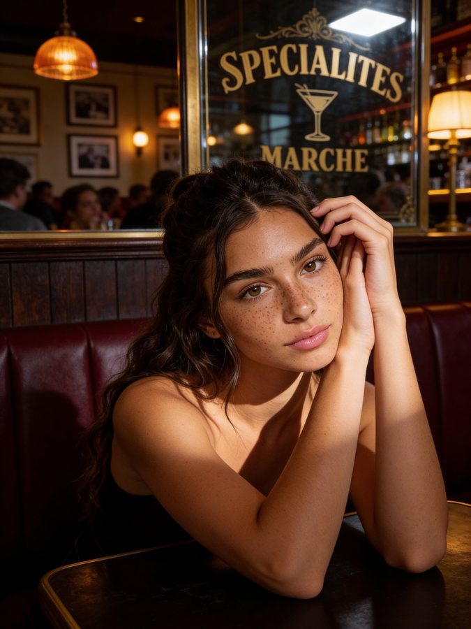 Photoreal AI close portrait at a Paris bistro table with a Specialites mirror and burgundy booth
