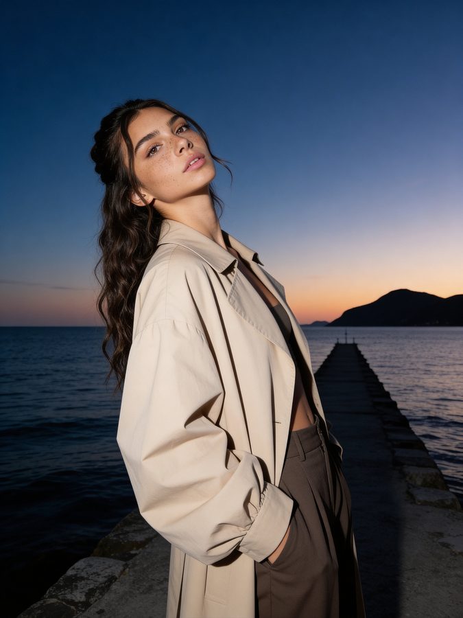 Photoreal AI Instagram-style portrait in a beige trench at sunset on a pier